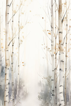 Watercolor American Aspen Trees in Colorado Rocky Mountains, Featuring Black and White and Orange Tree Trunk on White Background. Snowy Winter Christmas Banner with Birch Grove in the Winter Season.