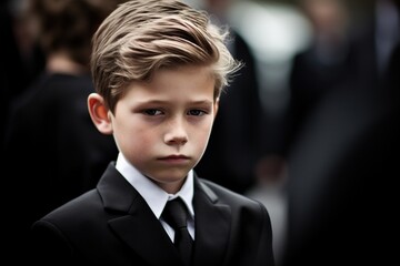 Little boy in a black suit with a funeral bouquet of flowers