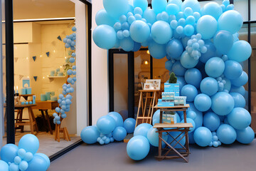 photo zone decorated with blue balloons, party, store opening, birthday