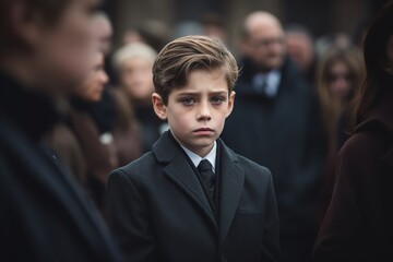 Little boy in a black suit with a funeral bouquet of flowers