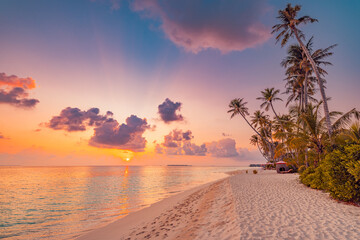 Best island beach. Silhouette palm trees panoramic destination landscape. Inspire sea sand popular vacation tropical beach seascape horizon. Orange gold sunset sky. Calm tranquil relax summer travel - obrazy, fototapety, plakaty