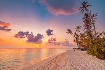 Poster Best island beach. Silhouette palm trees panoramic destination landscape. Inspire sea sand popular vacation tropical beach seascape horizon. Orange gold sunset sky. Calm tranquil relax summer travel © icemanphotos