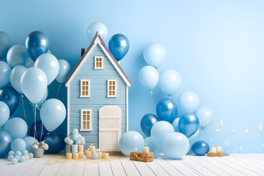  room decoration in blue style with balloons for boy, party, birthday, celebration