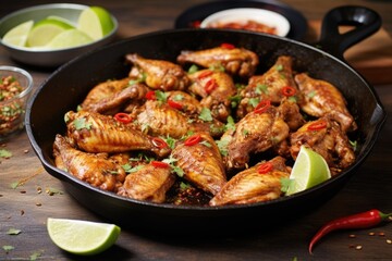 chicken wings in a skillet, topped with chili slices