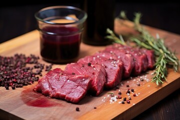 red wine reduction on raw steak ready for grilling