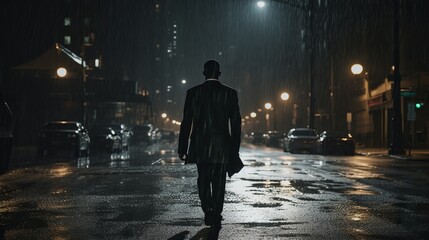 a lonely tall man in black jacket on rainy street - obrazy, fototapety, plakaty