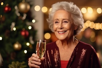 happy senior woman with glass of champagne over christmas tree lights background