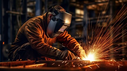 Welder in action with sparks flying. industrial craft
