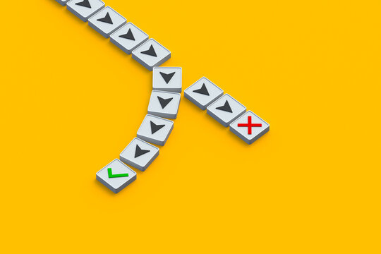 Choosing an alternative strategy. Moving around obstacles. Success or failure. Changing the plan under the influence of intuition. Checkmark, cross and arrows on buttons. 3d render