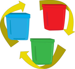Recycle symbol icon with different sorting garbage cans (Plastic, Glass, Paper) vector illustration. Ecology and recycle concept. 
