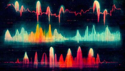 alien dot wav form spectragram ekg high frequency biolumenescent colors bipolar negative direction sine wave 50 hertz surrealism  - obrazy, fototapety, plakaty