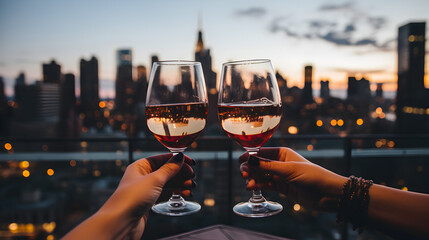 Clinking Wine Glasses at a Rooftop Dinner in Urban Setting