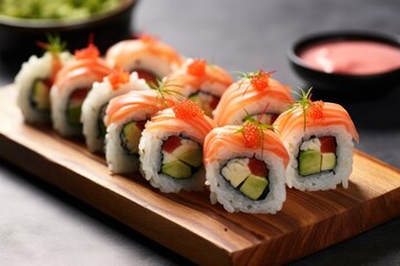 sushi roll slices with pickled ginger and wasabi