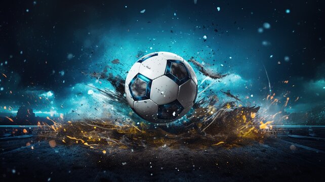 background with moving soccer ball around splashing drops on stadium field. sport design.AI.