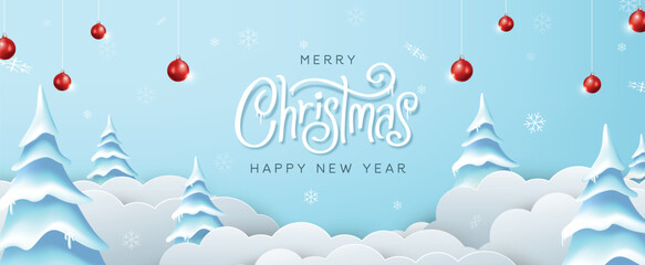 Winter christmas banner composition in paper cut style. Merry Christmas text Calligraphic Lettering Vector illustration.