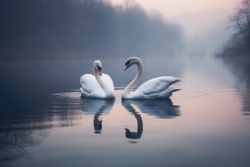 two swans floating together on a still lake