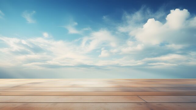 empty table top on blur clouds background