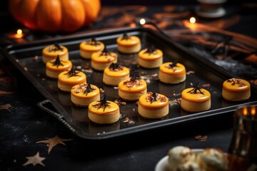 mini pumpkin cheesecakes on a baking tray