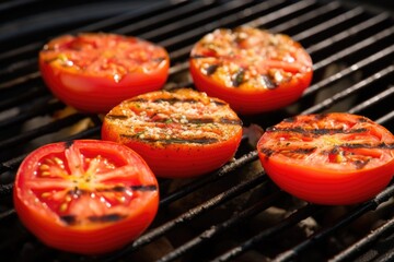 half-sized tomatoes with chargrilled patterns on a barbecue