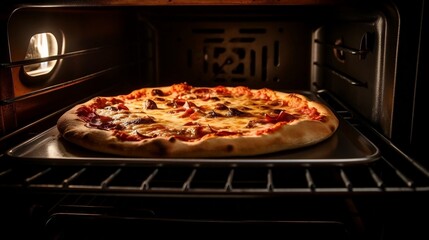 Delicious pizza baking in oven
