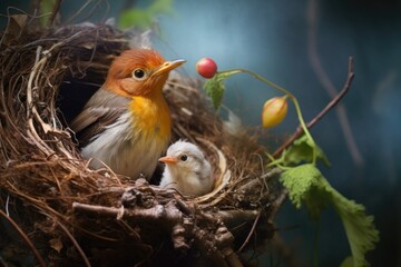 baby bird in the nest with a worm, and sibling watching from a distance