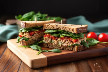 tuna salad sandwich with multigrain bread on a wooden board
