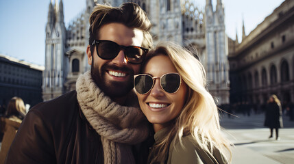 Fototapeta premium Couple Taking a Selfie with Milan's Duomo Cathedral