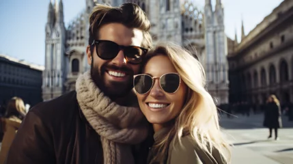 Fototapete Rund Couple Taking a Selfie with Milan's Duomo Cathedral © Custom Media