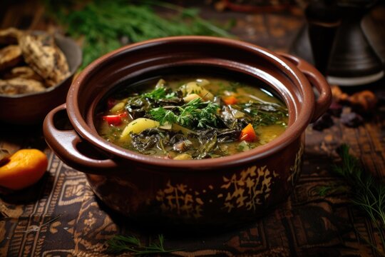 Vegan Kreplach In A Stoneware Soup Bowl