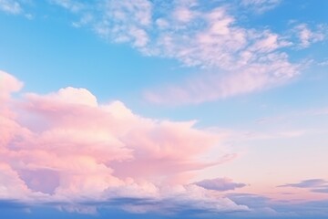 Obraz premium Cinematic Sunset: Beautiful Natural Background with Blue Sky and Pink Fluffy Clouds, Pastel Colors, and Excellent Lighting