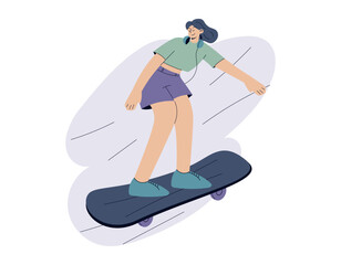 Vector funny isolated flat girl skateboarder. Young cartoon woman riding a skateboard.