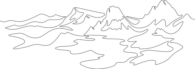 Scenery. Mountain Lake. High mountains. Dense forest. Forest lake in the rocks. Landscape.One continuous line. Linear. Hand drawn, white background.