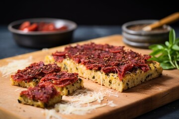 parmesan-topped focaccia with salami and sundried tomato spread - obrazy, fototapety, plakaty