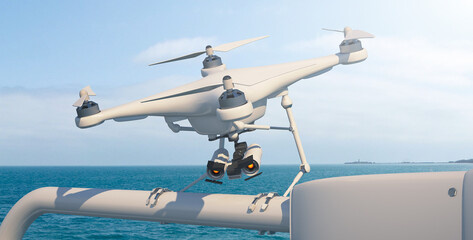 An aerial drone (quadcopter) is a robot character with remote or independent control. The robot looks menacingly. 3d illustration.