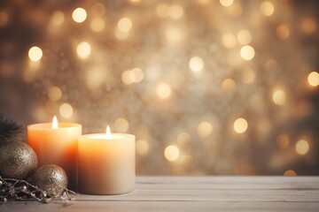 Fototapeta na wymiar Cozy atmospheric blurred warm background for Christmas with candles and bokeh
