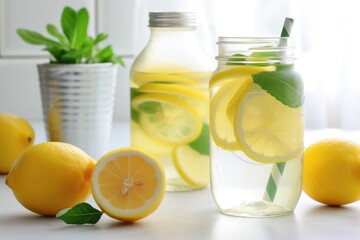 lemonade in a mason jar next to freshly plucked lemons