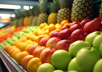 Supermarket shelf with various ripe fresh organic fruits.Macro.AI Generative