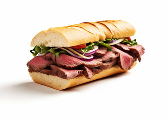 Roast beef submarine sandwich with lettuce and tomato and spicy sauce on white background.Macro.AI Generative