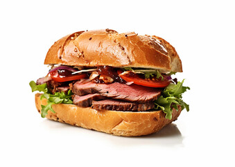Roast beef sandwich with tomato and lettuce and sauce on white background.Macro.AI Generative