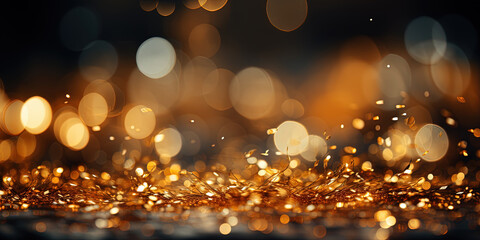 Fototapeta na wymiar Defocused Macro Sparks Fall and Sparkle in Ray of Light Gold Glitter Background