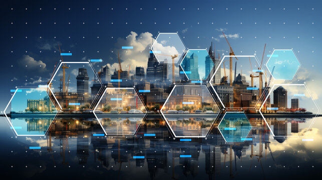 modern technology infrastucture industry 4.0 background compound building with crane and construction tool overlay with infographic diagram future technology backdrop