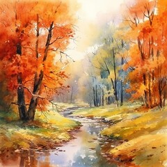 Naklejka na ściany i meble Watercolor autumn landscape, watercolor painting, leaf fall