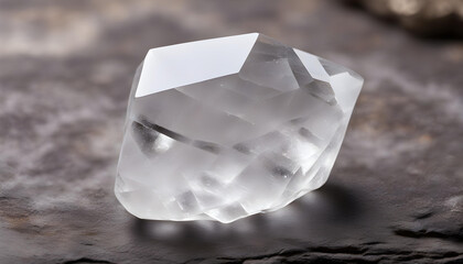 Large transparent mystical faceted crystal of white quartz on a stone background close-up. - obrazy, fototapety, plakaty
