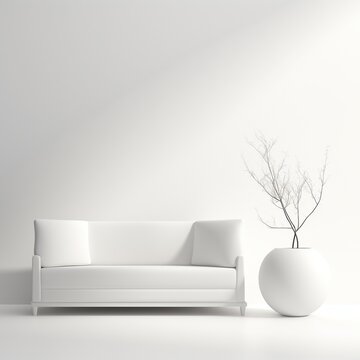 Empty white room, minimalist interior, sofa and flower. Free space for text, mockup, background