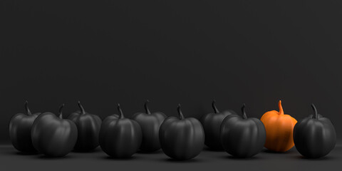Diverse pumpkin between many realistic black pumpkins on elegant dark Halloween background, bottom frame. Modern invitation template, sales design in 3d Render, copy space. Traditional autumn holiday.