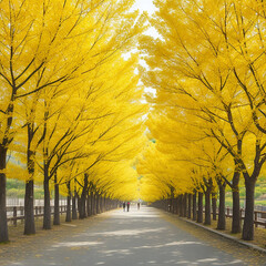 Row of yellow ginkgo trees 