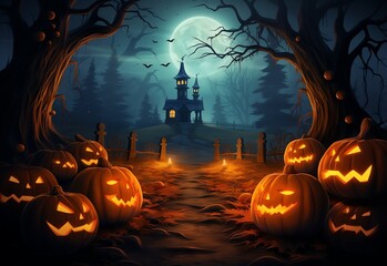 Halloween background with pumpkins and scary castle