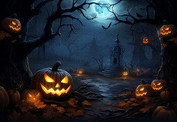 Halloween background with pumpkins and scary castle