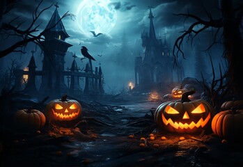 Fototapeta premium Halloween background with pumpkins and scary castle
