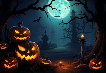 Halloween background with pumpkins and scary castle